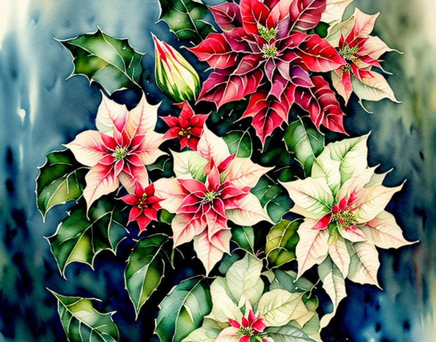 Vivid Watercolor of Red and Pink Poinsettias on Speckled Blue Background