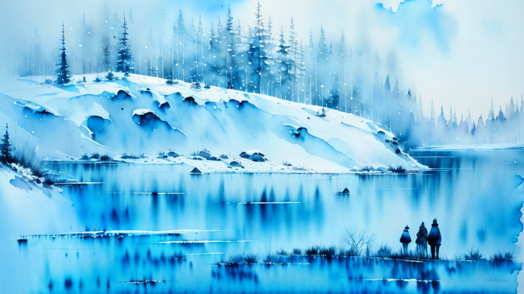 Snowy landscape with duo by lake in serene setting