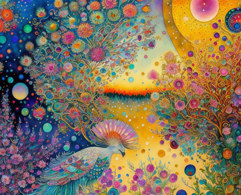 Colorful peacock surrounded by whimsical flora and celestial bodies on twilight sky.