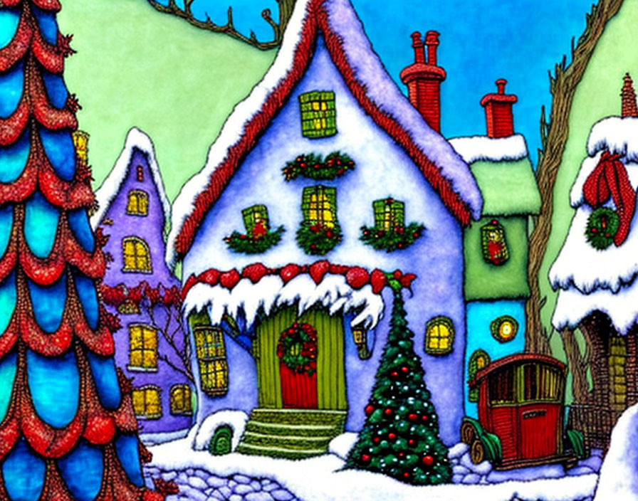 Vibrant Christmas village scene with snow-covered houses and decorations