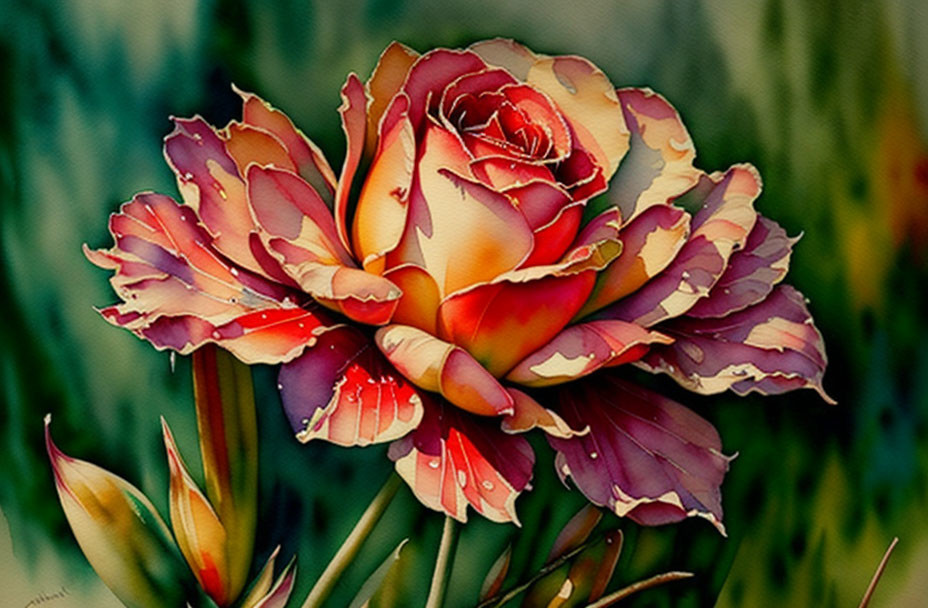 Multicolored rose against green backdrop