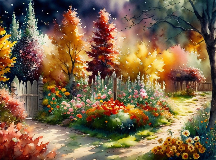 Colorful Watercolor Painting of Lush Garden Path & Autumn Trees