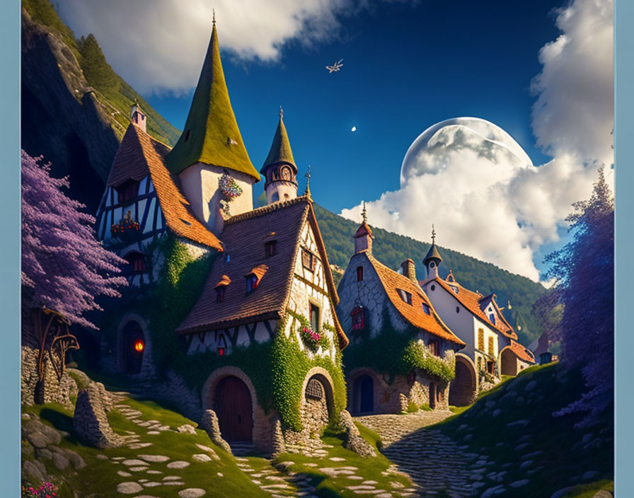 Enchanting fantasy village with purple trees and moonlit sky