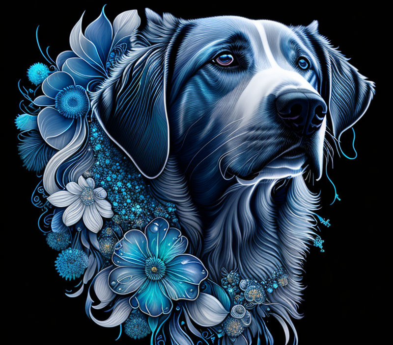 Blue and white floral patterned dog art on black background