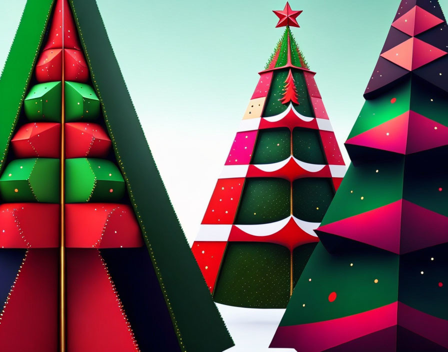 Stylized Christmas trees with geometric patterns under gradient sky