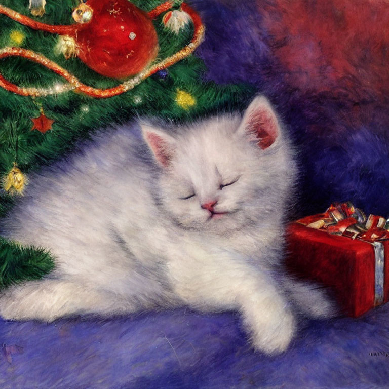 White Cat Sleeping Next to Gift Under Christmas Tree