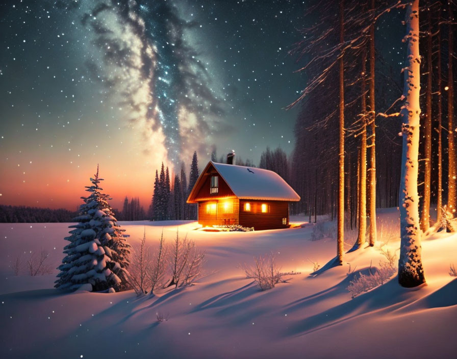 Snowy forest cabin under starry sky with Milky Way