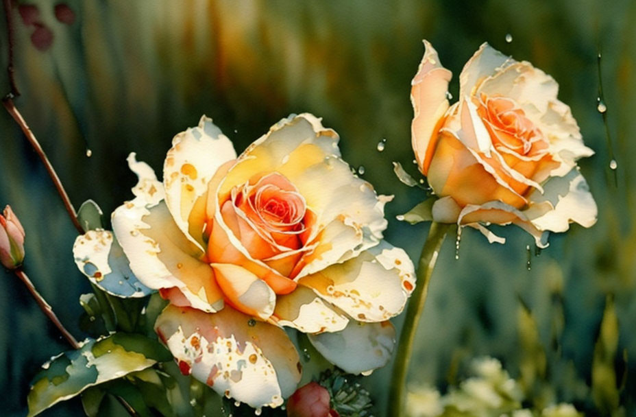 Yellow Roses with Reddish Spots and Water Droplets on Petals