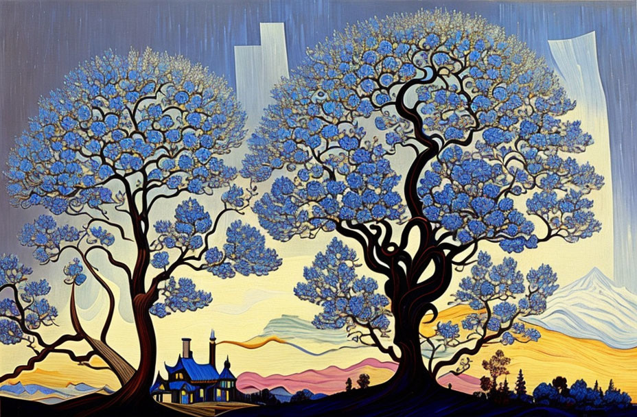 Vibrant blue trees painting with colorful sunset skies