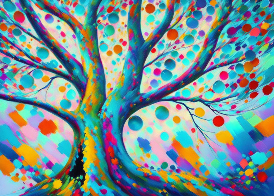 Colorful Abstract Tree Painting with Dotted Canopy and Pixelated Background