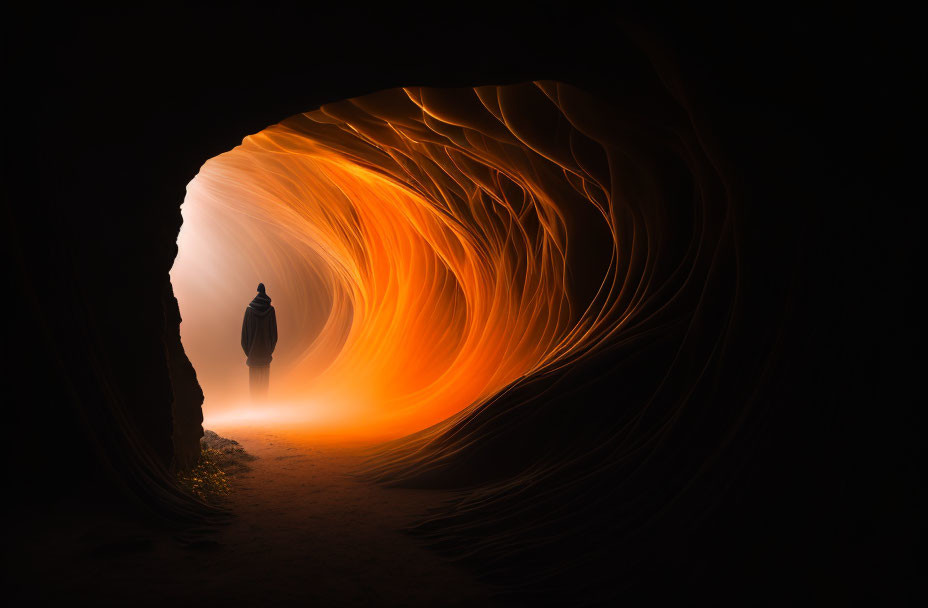 Silhouette of person in cave with sweeping orange walls and ethereal glow