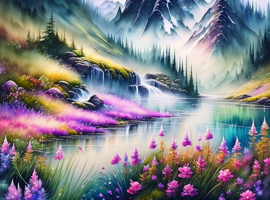 Tranquil mountain landscape with waterfalls, lake, and wildflowers