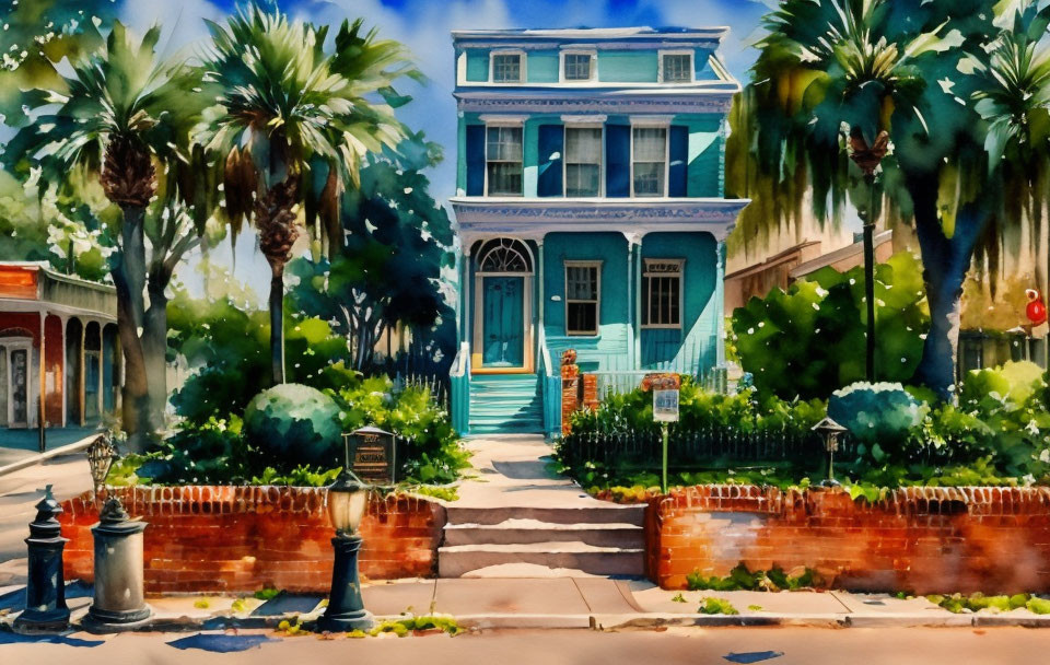 Vibrant watercolor: Blue two-story house with front porch, lush greenery, and palm