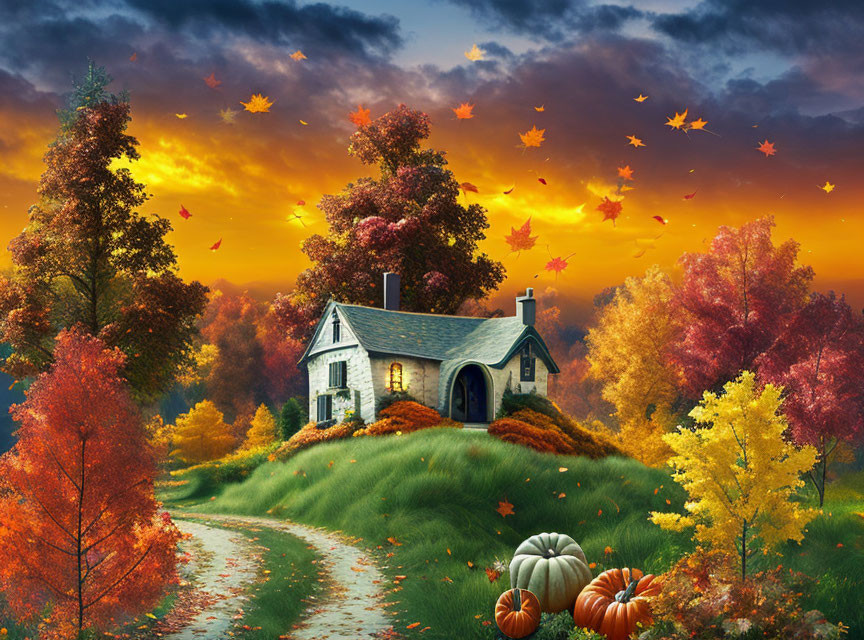 Cozy cottage on hill amid autumn trees and sunset sky