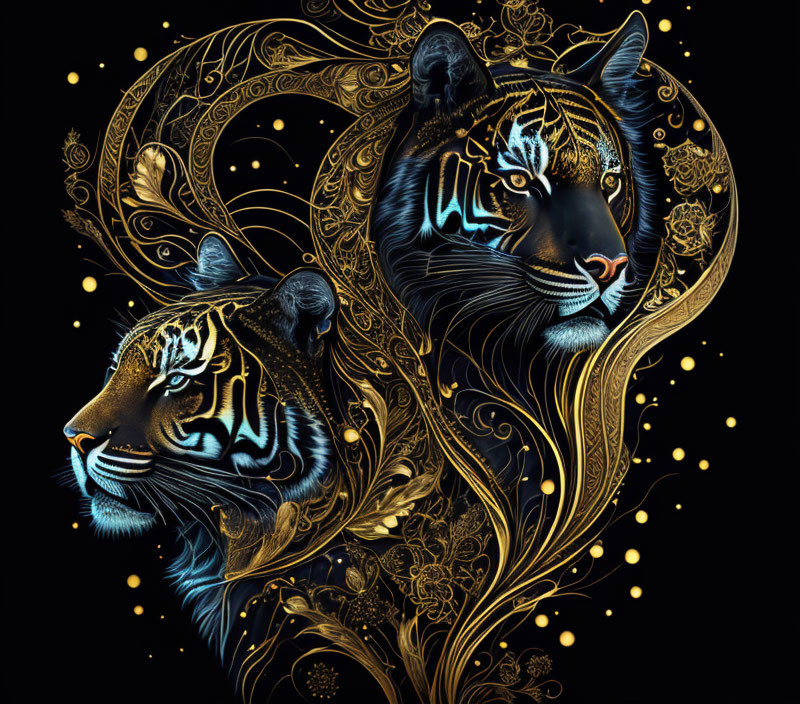 Stylized tigers with golden patterns on black background