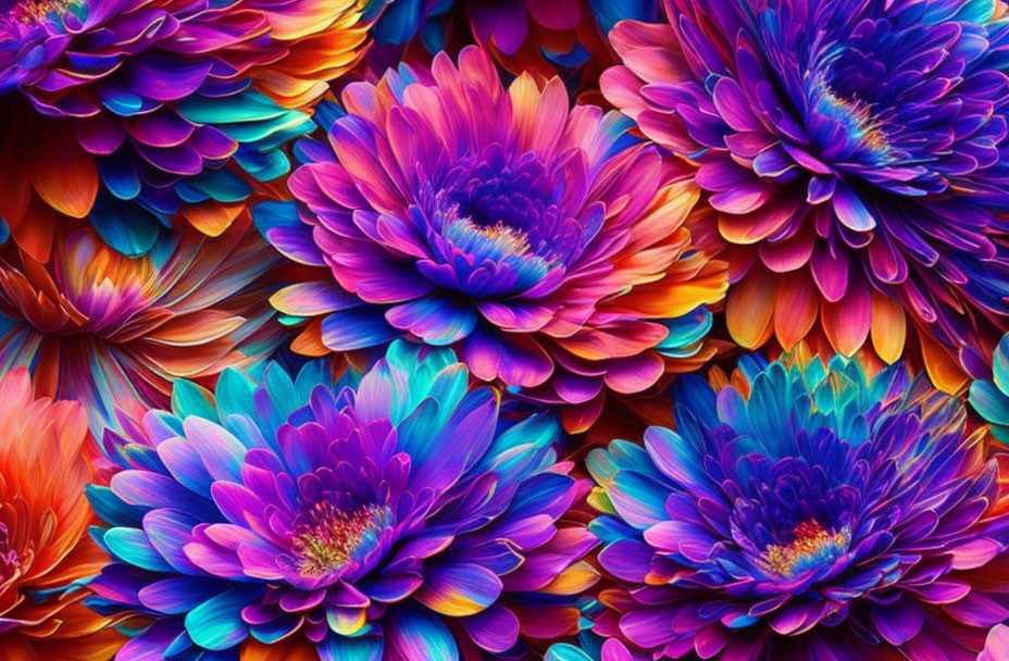 Colorful Layered Dahlia Flowers in Purple, Blue, and Pink