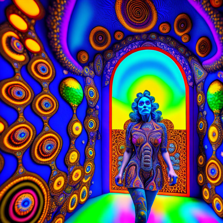 Colorful Psychedelic Human-like Figure in Patterned Archway