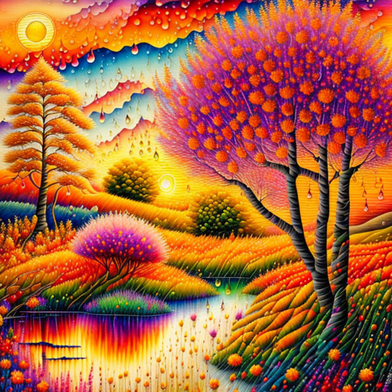 Colorful Landscape with Stylized Trees and Sunlit Sky