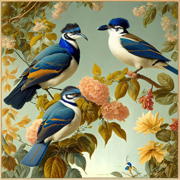 Colorful Birds Perched on Branches Among Flowers and Gray Background