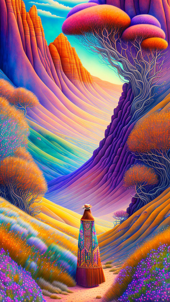 Person in Patterned Cloak in Surreal Landscape with Colorful Hills and Purple Flowers