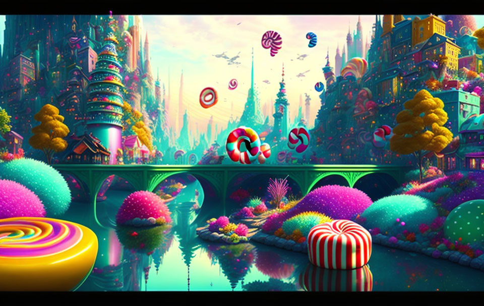 Colorful Cityscape with Candy-Inspired Architecture and Floating Confections