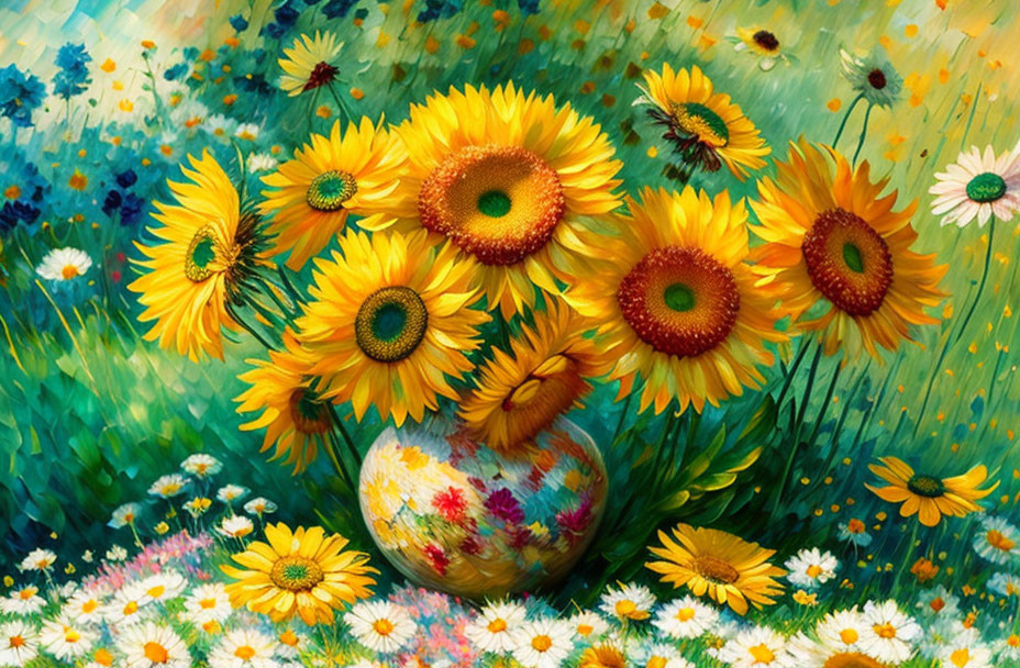 Colorful sunflower bouquet in patterned vase with bees and greenery