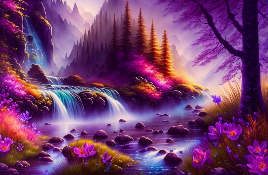 Fantasy landscape with waterfall, purple hues, sparkling water, flowers, trees, mountains