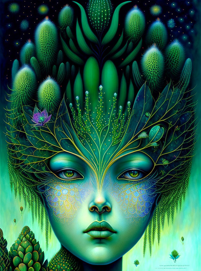 Colorful artwork: Female figure with green plant-like patterns on dark starry background