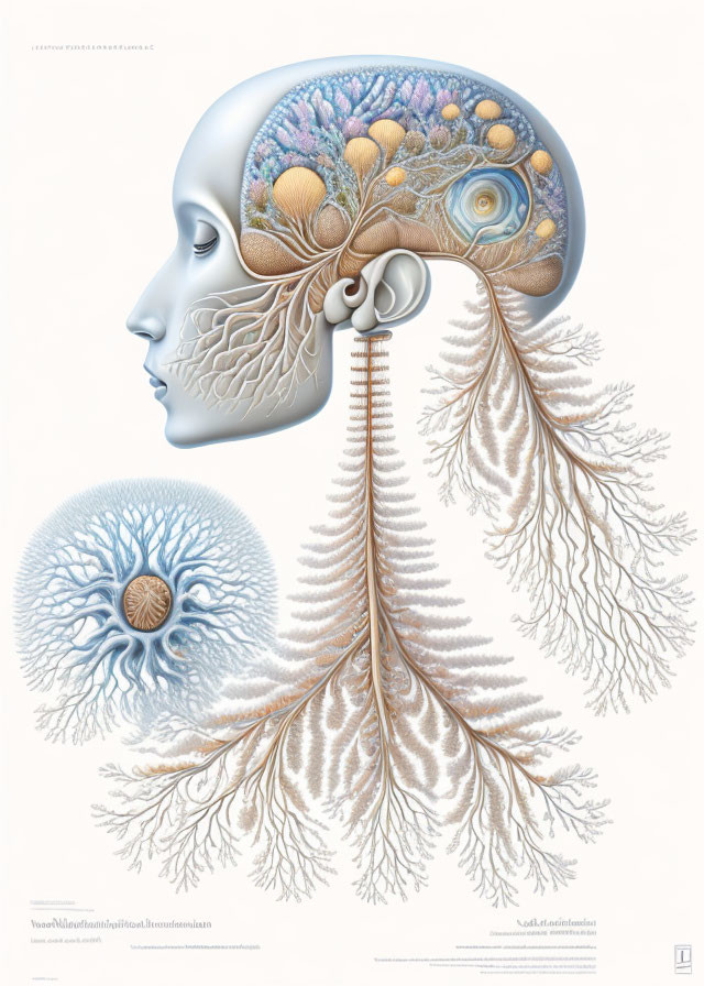 Human head cross-section with coral-like brain structure and tree of life fractal patterns.