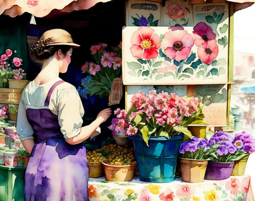 Woman in vintage dress at colorful flower market with vibrant blooms and fresh produce