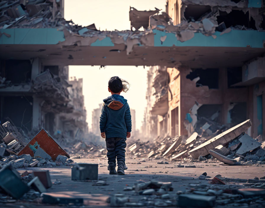 Child in devastated building surrounded by debris.