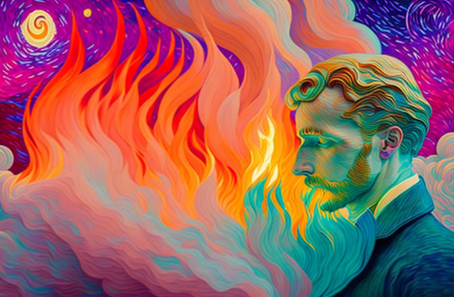 Vibrant artistic depiction of fiery beard blending into swirling starry sky