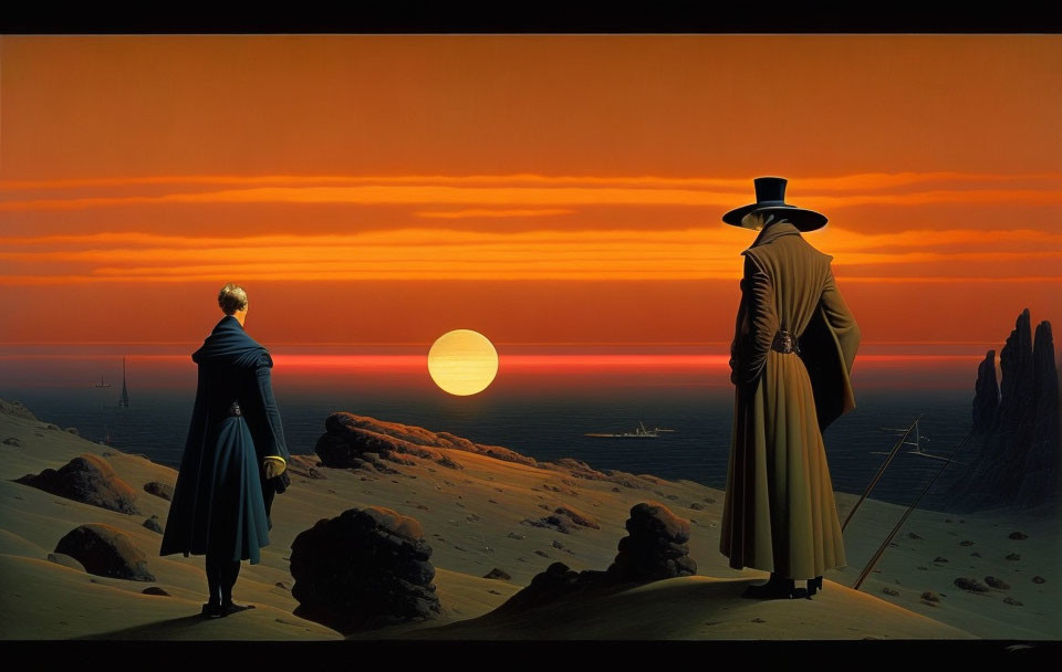 Two Figures in Long Coats and Hats Overlooking Surreal Seascape