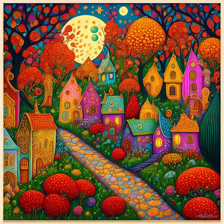 Whimsical painting of vibrant village under moonlit sky