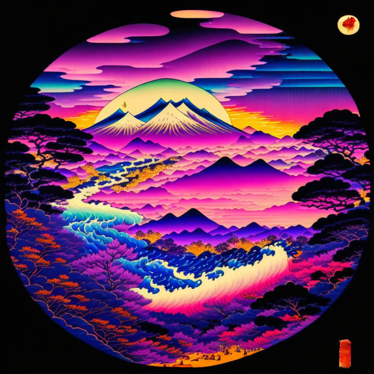 Colorful Mount Fuji painting with purple, pink, and orange clouds and waves in Japanese style