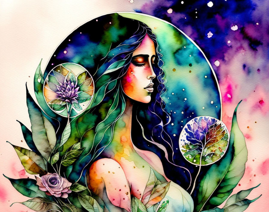 Colorful Watercolor Illustration of Woman in Nature Surroundings