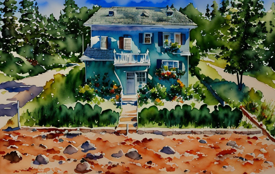 Two-story blue house watercolor painting with balcony and greenery