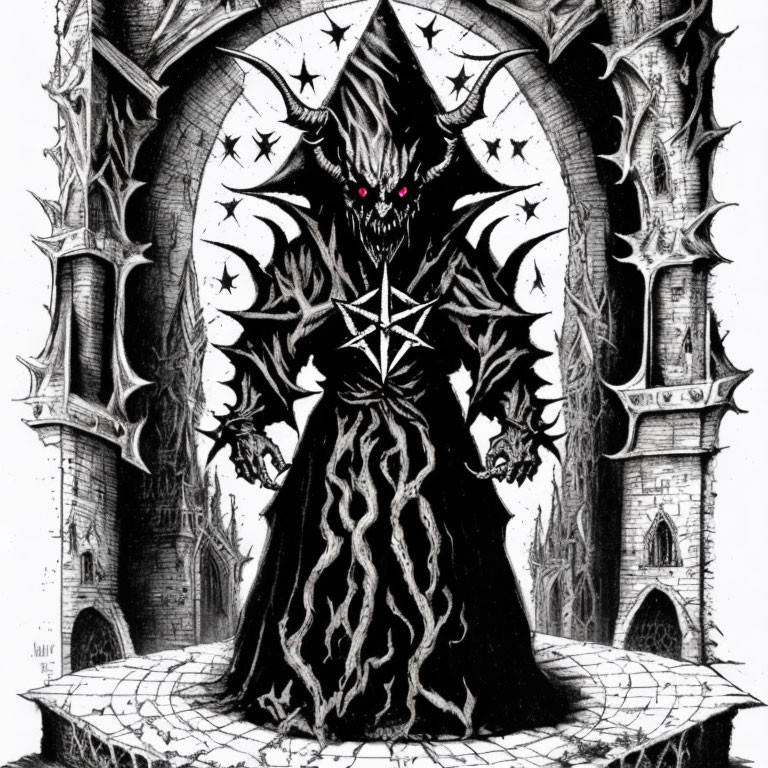 Monochrome illustration of menacing figure in gothic archway