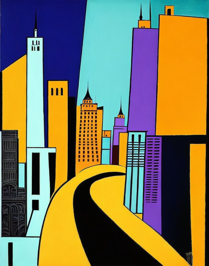 Vibrant urban skyline painting with yellow road and bold geometric buildings