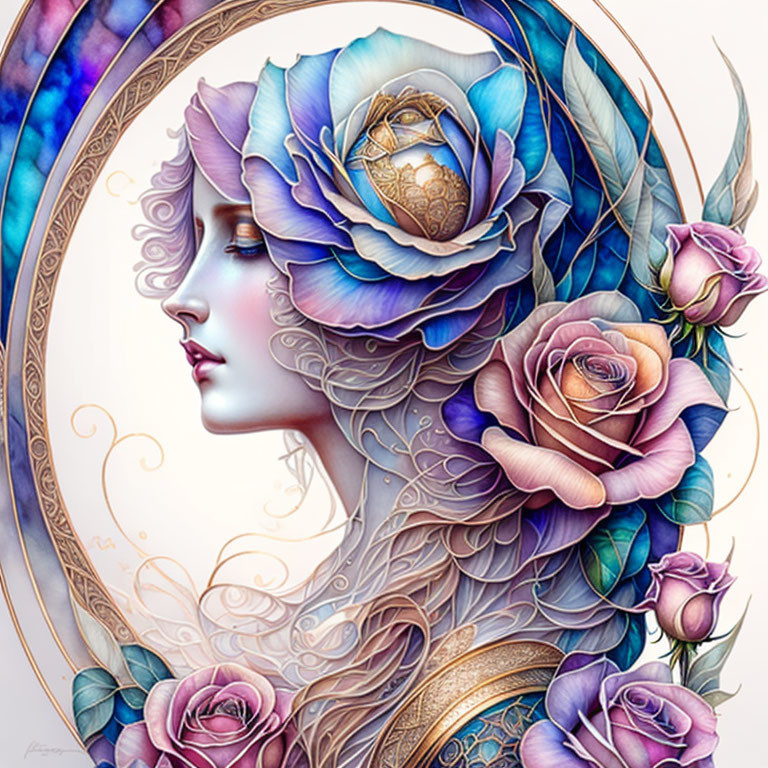 Digital illustration: Woman's profile with blue and purple roses in hair, surrounded by golden filigree