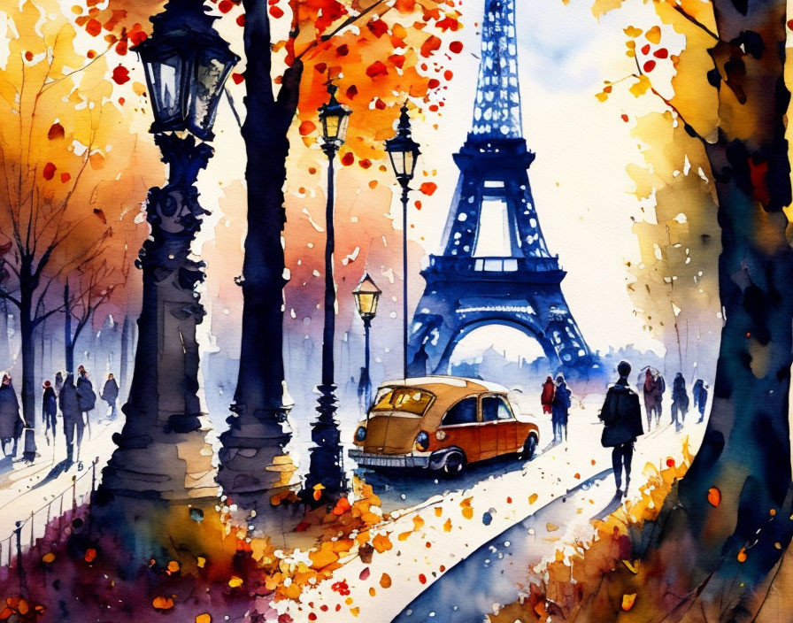 Colorful Watercolor Painting of Autumn Eiffel Tower Scene