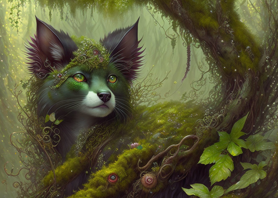 Mystical forest cat with pointed ears and green eyes nestled among moss-covered branches