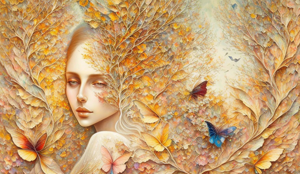 Surreal illustration: Woman's face with autumn foliage and butterflies