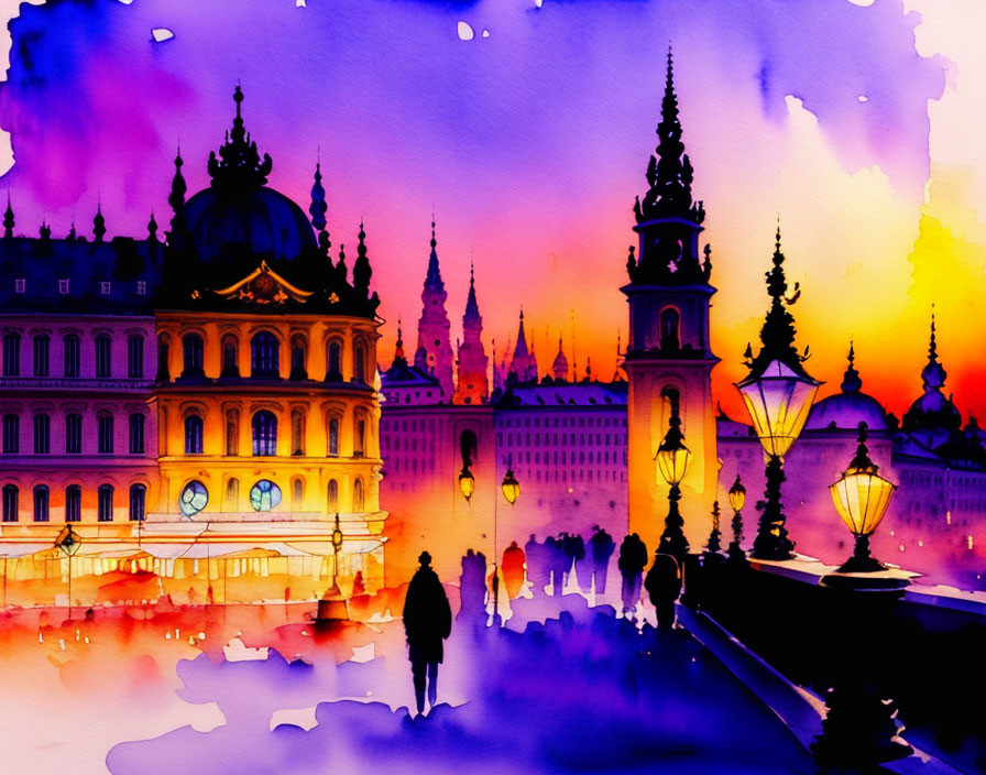 Cityscape Watercolor Painting: Sunset Silhouettes & Purple-Orange Reflections