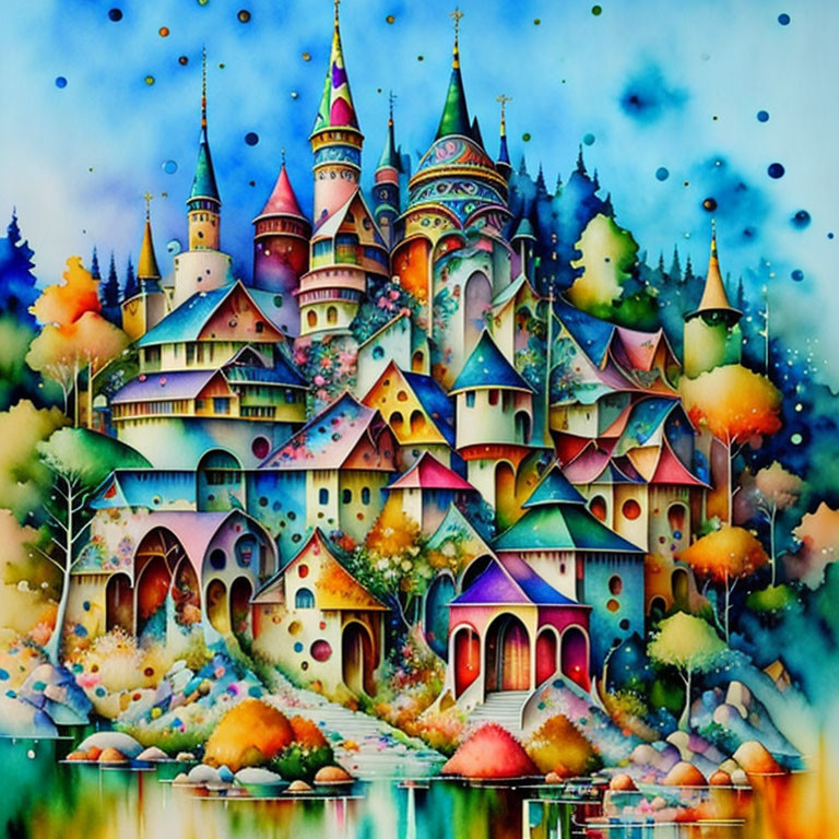 Vibrant fairytale castle illustration with colorful towers and foliage