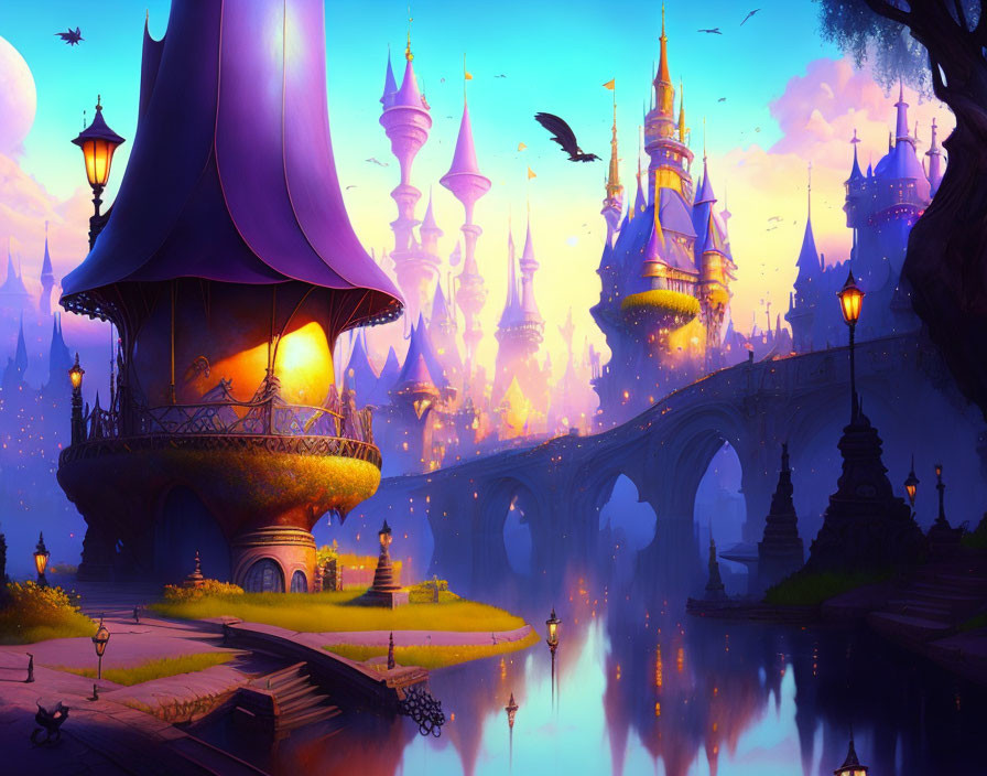 Fantasy landscape at dusk with whimsical buildings and ornate bridge