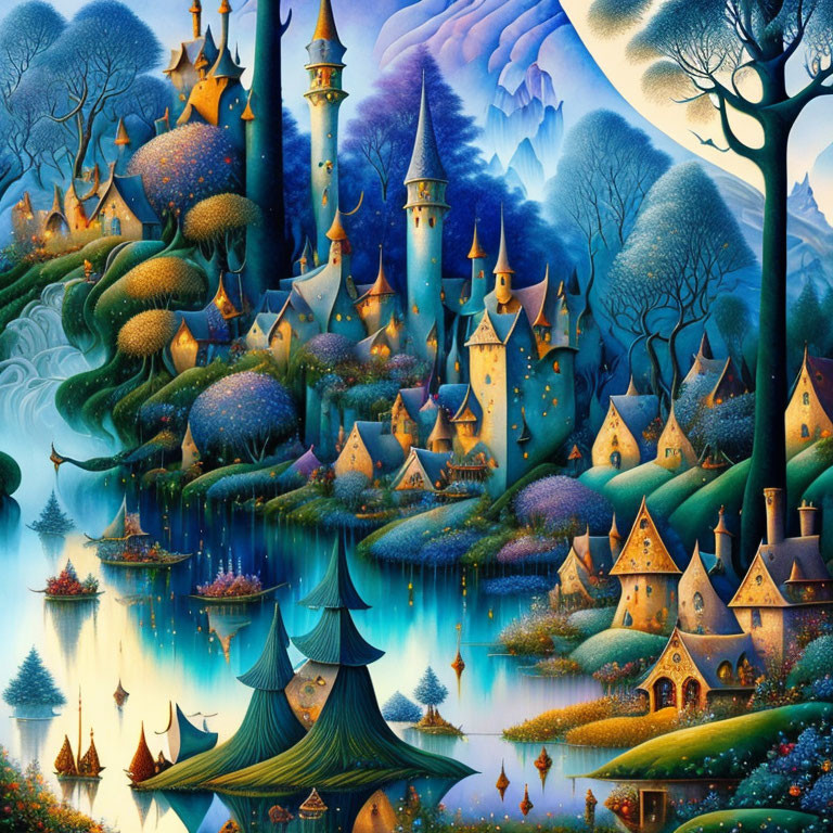 Fantasy landscape with whimsical castles and colorful flora