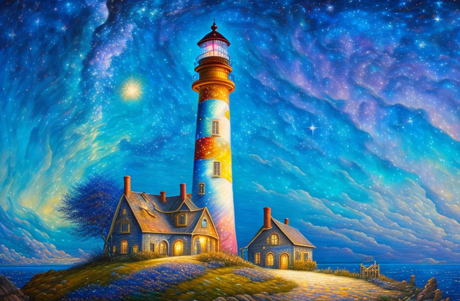 Lighthouse illustration on seaside cliff at night