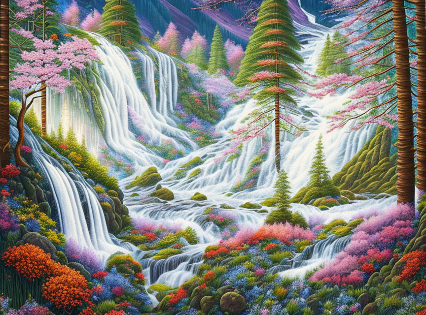 Colorful Cascading Waterfall Painting with Cherry Blossoms