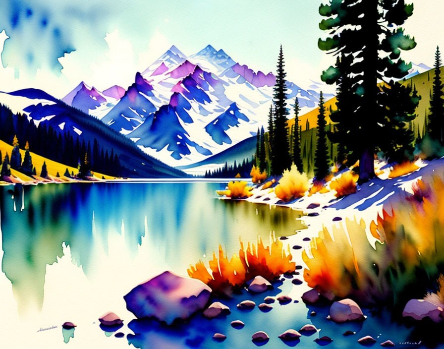 Serene mountain lake watercolor painting with colorful foliage